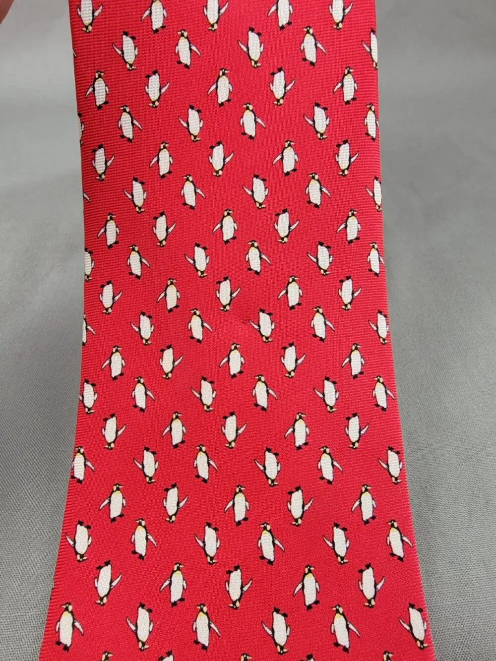 J Crew Silk Necktie Tie Mens Red White Penguin Print